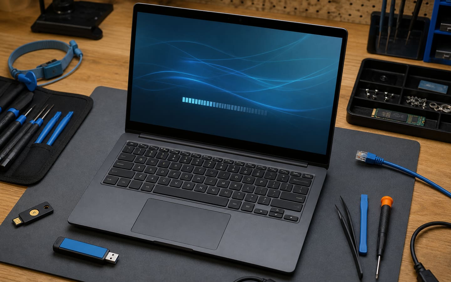 Service illustration of an unbranded laptop undergoing a security assessment on a repair bench