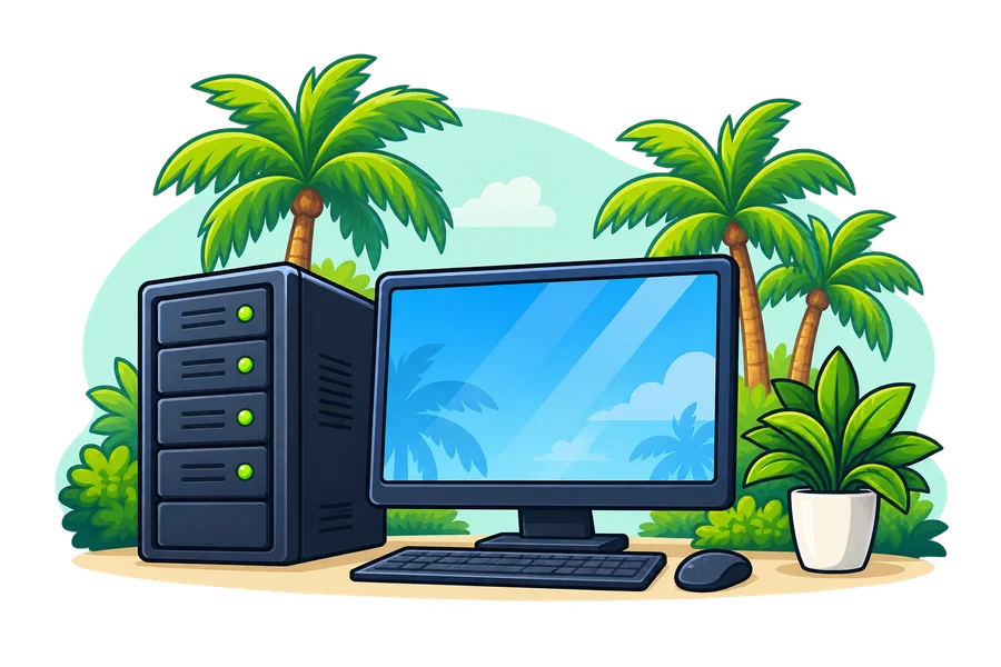Illustrated workstation and server with Florida palms
