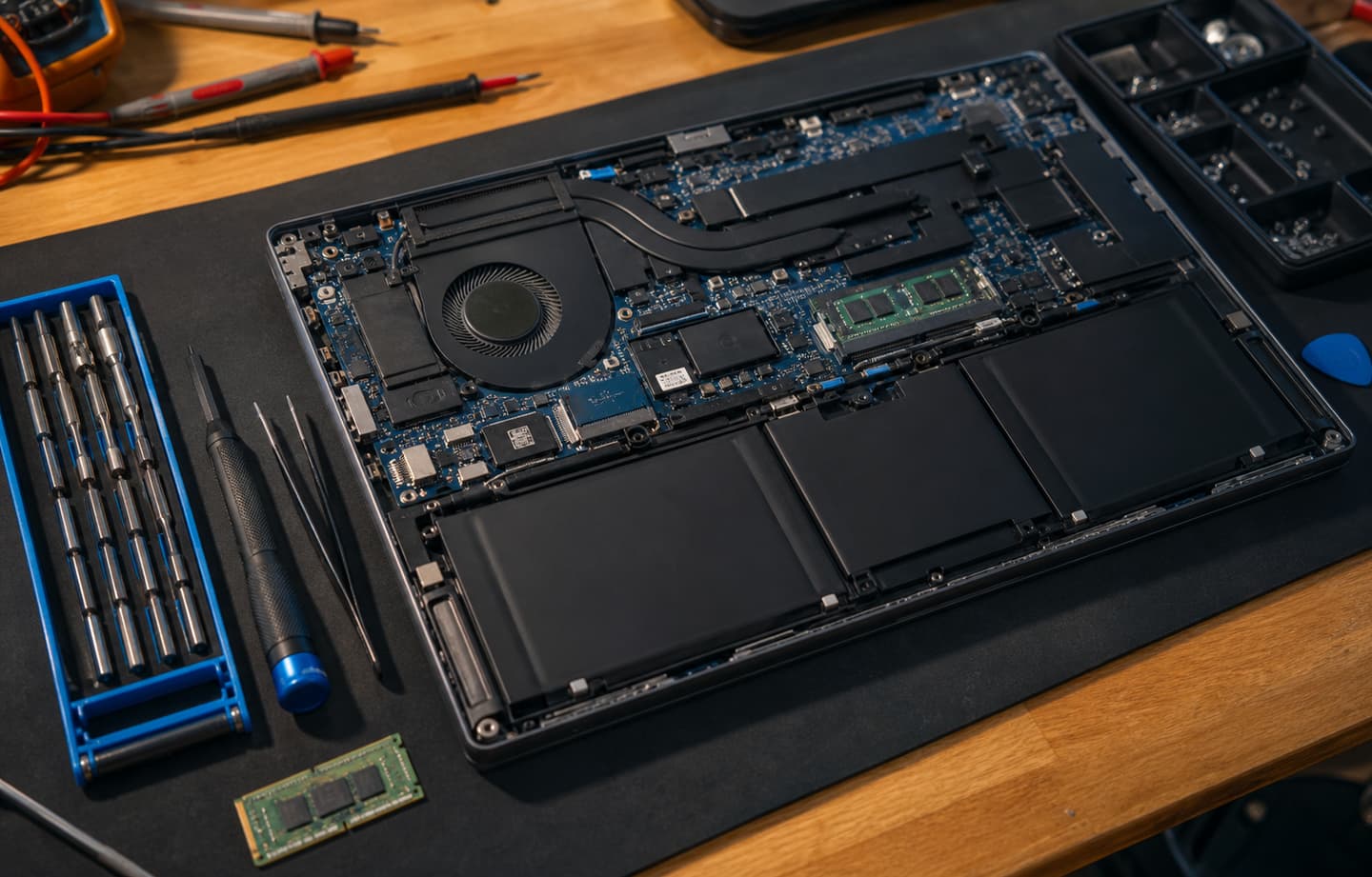 Open laptop with internal components exposed beside diagnostic tools