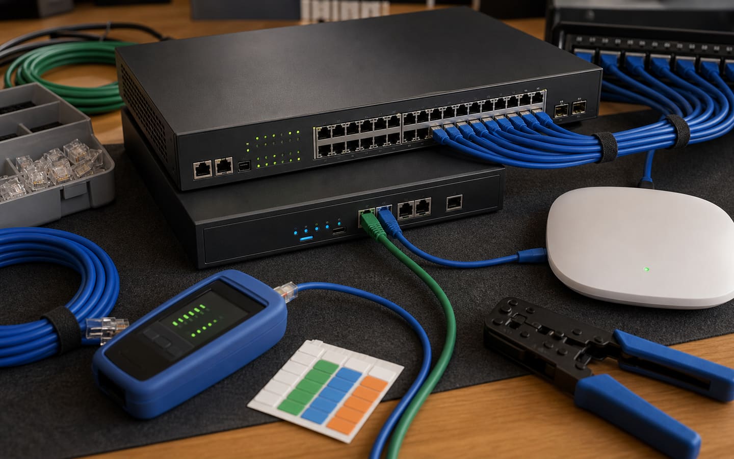 Network switch, patch cables and a cable tester on an IT workbench