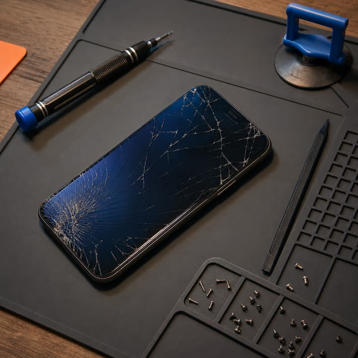 Cracked smartphone screen on an electronics repair mat