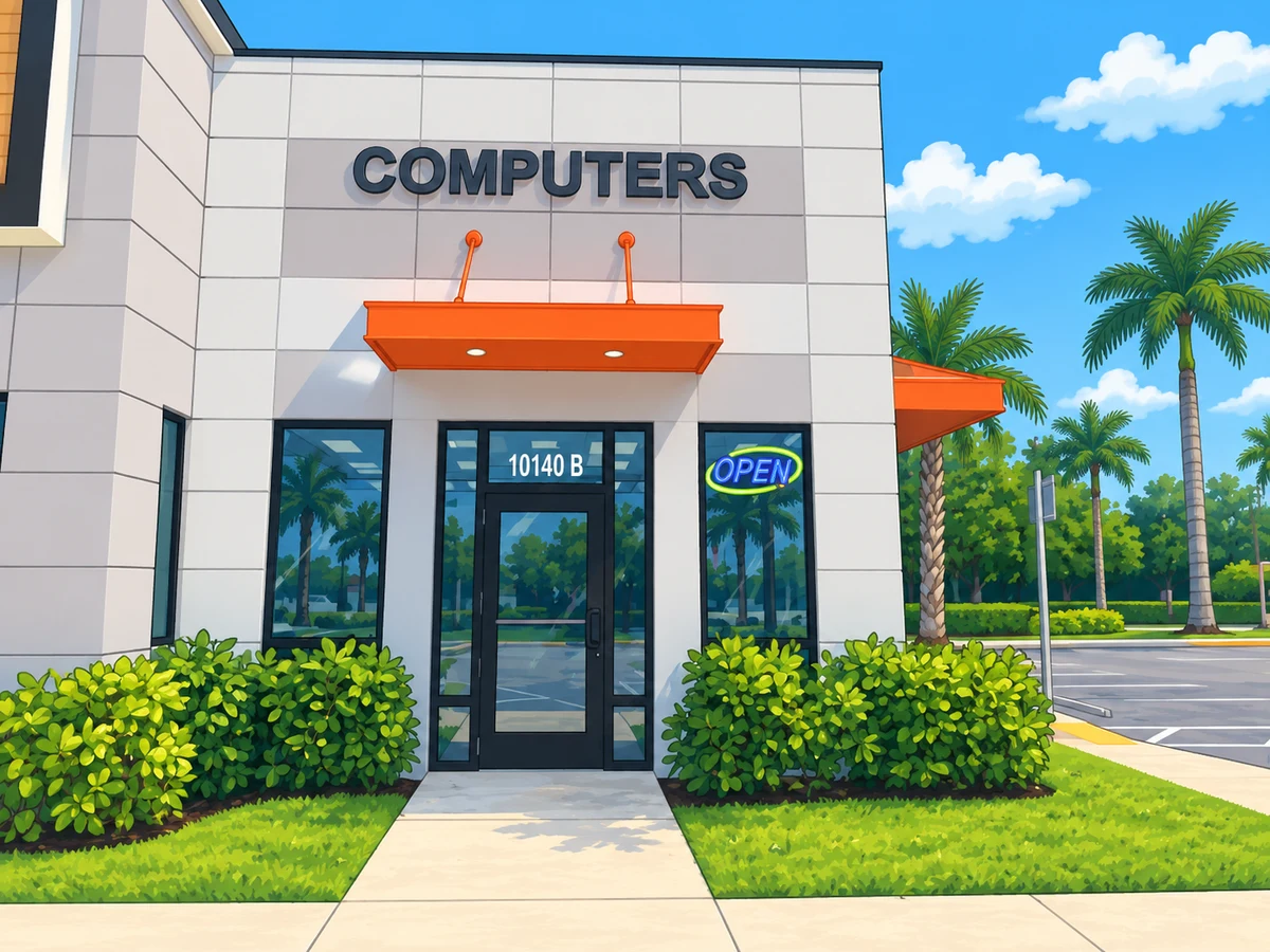 Illustration of our actual COMPUTERS storefront with orange awning and entrance 10140 B