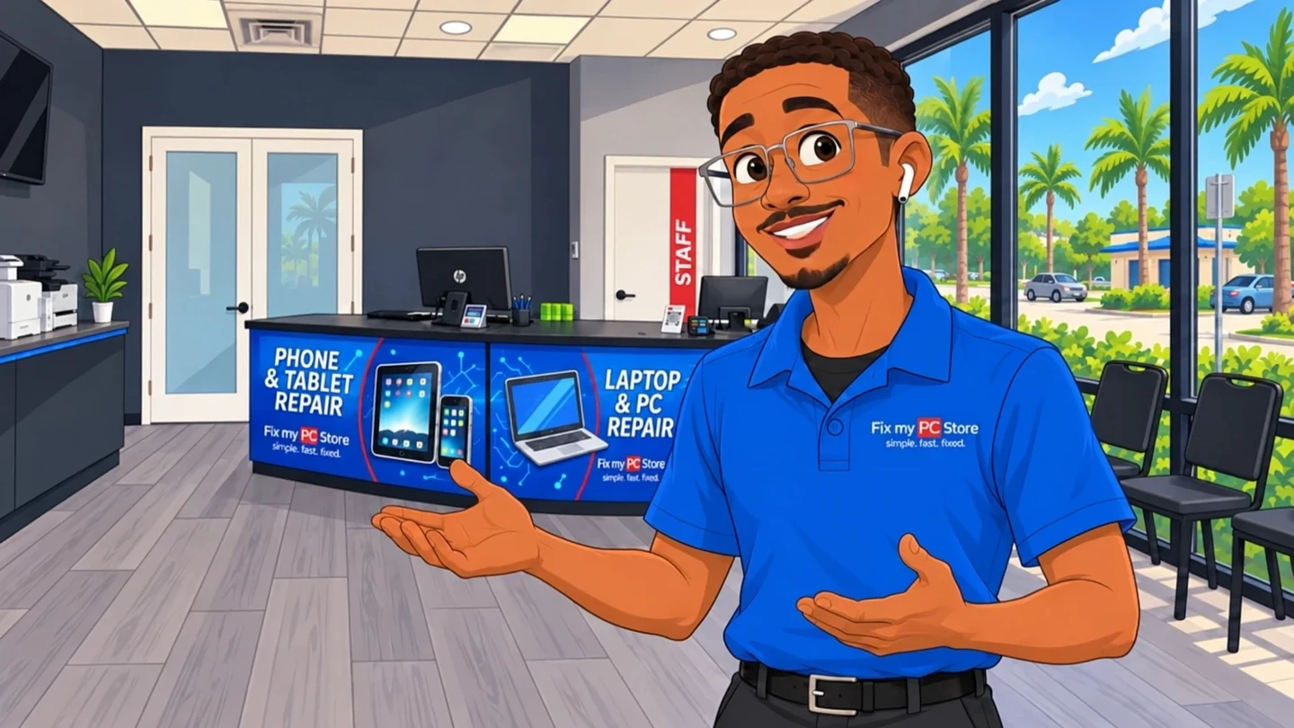 The illustrated Fix My PC Store technician in the lobby, from the RemoteCare ad
