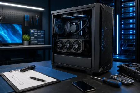 Open black gaming PC tower on a workbench with GPU, liquid cooling, fans, screwdriver, clipboard checklist, and components nearby.