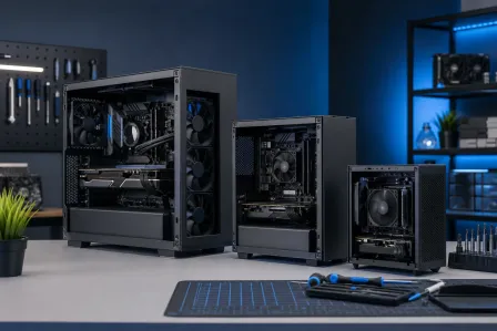 Three open PC cases of decreasing size (ATX, Micro-ATX, Mini-ITX) displayed side by side on a workbench in a blue-lit workshop