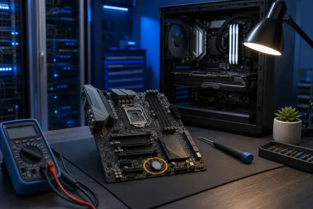 Motherboard on desk with CMOS battery circled, multimeter, screwdriver, PC case, and blue server-room background.