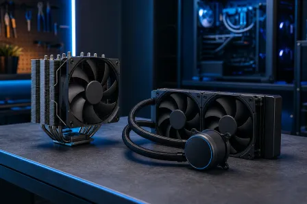 Air tower CPU cooler with heat pipes and an AIO liquid cooler with 240mm radiator side by side on a dark desk