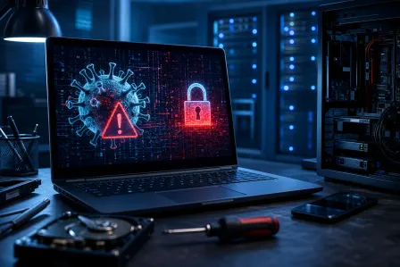 Laptop in dark server room displaying virus, warning triangle, and red padlock icons suggesting malware and ransomware threat.