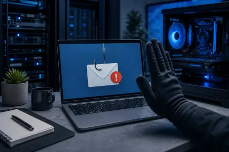 Gloved hand near laptop showing phishing email icon with hook and warning badge, dark server room background