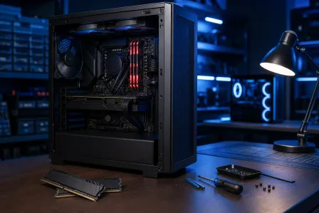 Open mid-tower PC case on a desk with red RAM sticks, liquid cooler, GPU, fans, screwdrivers, and loose RAM modules nearby.