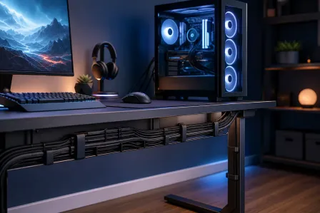 Gaming desk setup with neatly routed cables under desk, RGB PC tower, monitor, keyboard, mouse, and headphones in dark room.