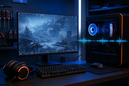 Gaming PC setup with frozen loading screen on monitor, audio waveform visible between PC tower and display, blue RGB lighting