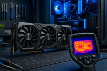 Triple-fan GPU on a workbench beside a thermal camera showing heat map of fans, with a blue-lit PC in background.