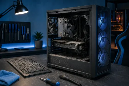 Dust-clogged open PC case with blue LED fans on workbench, removed dusty filter nearby, tools and microfiber cloth visible