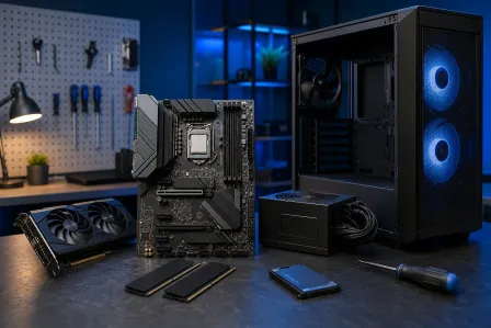 PC components on a dark workbench: motherboard with CPU, GPU, RAM sticks, PSU, HDD, and a black ATX case with blue RGB fans.