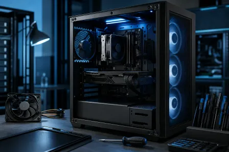 Open black ATX PC tower with blue RGB fans, GPU, and CPU cooler visible, on a workbench with screwdrivers and spare fan.