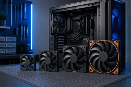 Four PC case fans of increasing sizes displayed on a mat beside an open ATX tower PC case with blue lighting.