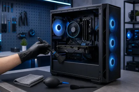 Gloved hand using a soft brush to clean inside an open gaming PC tower with blue RGB fans on a workbench.