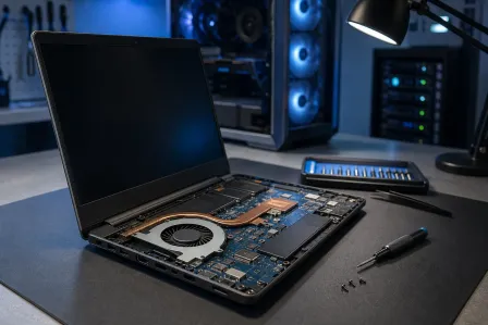 Disassembled laptop with exposed motherboard, cooling fan, and copper heat pipes on a desk with screwdriver and screws nearby.