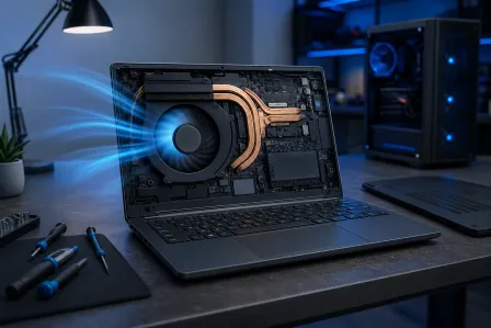 Laptop on desk showing internal cooling fan and copper heat pipes with blue airflow visualization; screwdrivers nearby, PC tower in background.