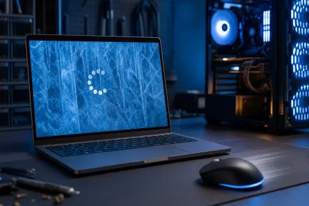 Laptop with frozen icy screen showing loading spinner, beside a glowing mouse and gaming PC tower in dark blue lighting.