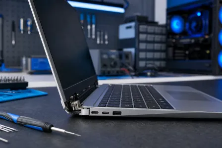 Laptop with visibly broken hinge on a repair workbench, surrounded by screwdrivers and tools, blue-lit tech lab background.
