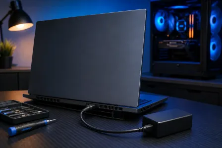 Black laptop connected to a power adapter on a dark desk, with screwdrivers and a glowing RGB PC tower in background.