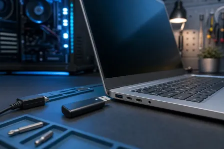 USB flash drive near laptop USB port on dark desk, with open PC tower and screwdrivers in background