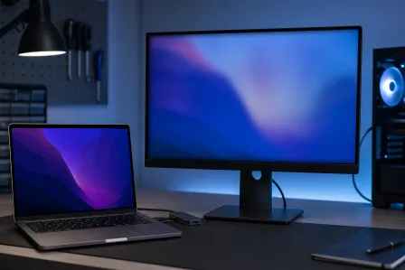 MacBook laptop next to a Dell external monitor on a dark desk, both showing colorful abstract wallpapers, with a PC tower nearby