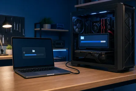 MacBook and open desktop PC on a desk, both showing file transfer progress bars, connected by a cable, in a dim workshop setting.