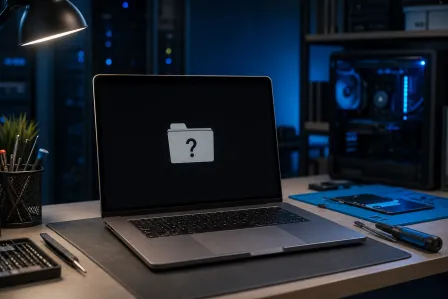 MacBook on a repair desk displaying a flashing question mark folder icon on a black screen, surrounded by tools and PC hardware