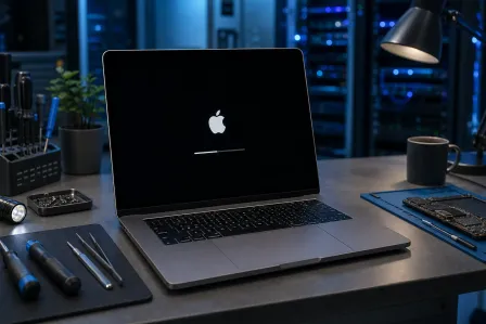 MacBook showing Apple logo boot screen with progress bar, on a repair workbench surrounded by screwdrivers and tools