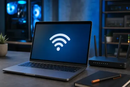 MacBook laptop displaying a Wi-Fi symbol on blue screen, beside a black wireless router on a dark desk.