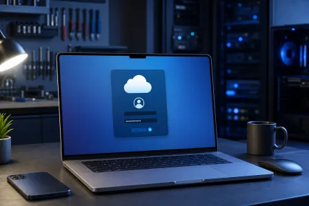 MacBook on dark desk displaying a cloud login screen with username/password fields, server racks visible in background