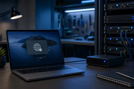 MacBook showing a no-network icon on macOS Catalina wallpaper, beside a NAS drive, with server rack in background