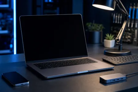 MacBook with black screen on dark desk with lamp, smartphone, keyboard, USB hub, and small plants in moody blue lighting