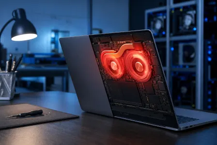 Laptop on desk displaying glowing red dual cooling fans over circuit board, screwdriver nearby, server racks in background