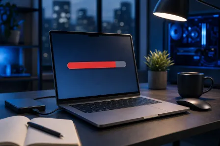 Laptop on dark desk displaying a red progress bar on dark screen, with mouse, notebook, coffee mug, and city view behind.
