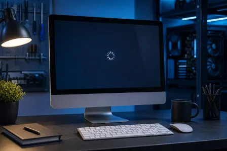 iMac on a dark desk showing a loading spinner on black screen, with keyboard, mouse, mug, and lamp nearby