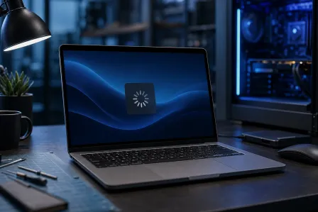 MacBook on dark desk showing blue wave wallpaper with a spinning loading wheel icon centered on screen, beside a desktop PC