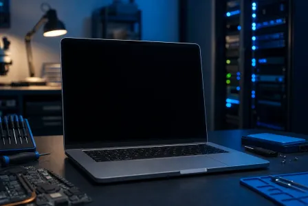 MacBook with black screen open on a repair workbench, surrounded by screwdrivers, circuit board, and server racks in background.