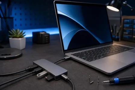 USB-C hub with multiple cables and a USB drive connected to a MacBook Pro on a dark desk with ambient blue lighting.