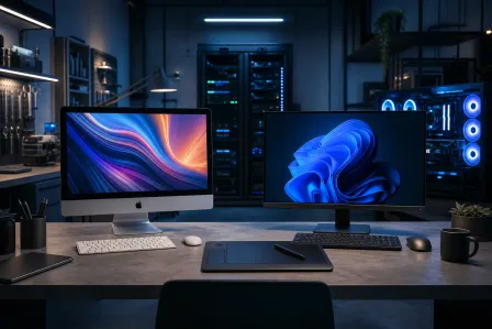 iMac with colorful wallpaper beside a Windows 11 monitor on a desk, with graphics tablet, keyboards, and a glowing PC in background