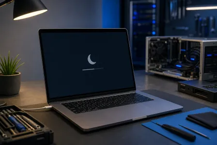 MacBook on a dark workbench displaying a crescent moon sleep icon with a progress bar, surrounded by repair tools and PC hardware.