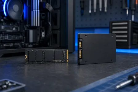 M.2 NVMe SSD (left) and 2.5-inch SATA SSD (right) side by side on a dark workbench with PC components behind.