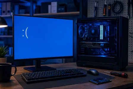 PC setup showing Windows Blue Screen of Death sad face on monitor beside open-side-panel gaming tower on a dark desk