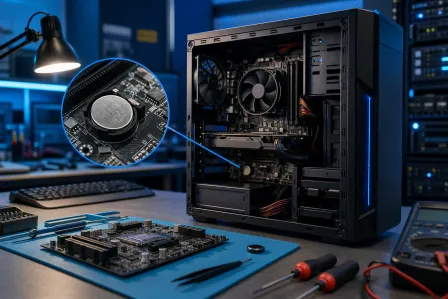 Open PC tower on a workbench with a magnified inset highlighting the CMOS coin-cell battery on the motherboard.