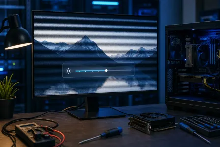 Monitor displaying horizontal scan-line flickering artifact with brightness slider overlay, beside open PC case on a tech workbench.