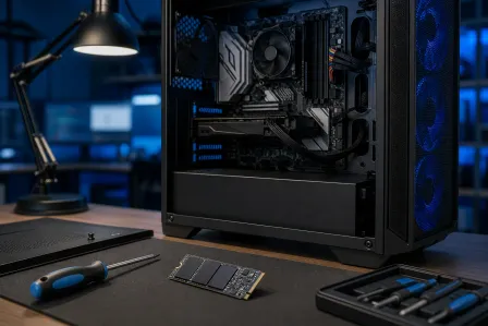 Open PC tower with visible motherboard beside an M.2 NVMe SSD, screwdriver, and tools on a dark desk with blue lighting.