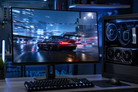Gaming PC setup with monitor showing screen tearing artifact on a racing car wallpaper, high-end GPU visible in case